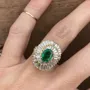 Bague de fiançailles art déco en argent sterling et or jaune 925 avec halo en vert émeraude de taille ovale