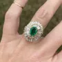 Bague de fiançailles art déco en argent sterling et or jaune 925 avec halo en vert émeraude de taille ovale