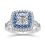Bague de fiançailles en argent sterling blanc avec diamant taille coussin et halo