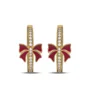 Boucles d'oreilles créoles en argent sterling blanc et or jaune avec diamants taille ronde et nœud rouge - Idée cadeau pour Noël