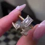 Alliance de mariage art déco en argent sterling 925 et or jaune avec diamant taille émeraude
