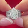 Ensembles de bagues de fiançailles en argent sterling blanc avec diamant taille poire et halo