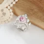 Ensemble de 3 bagues de mariage en argent sterling avec pierres roses taillées en forme de cœur